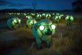 Bunch of alien creature Sheep are in a field with a green light, AI Generated