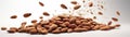 A Bunch Of Almonds Flying In The Airon White Background Wde Panoramic. Generative AI