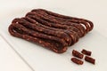 Bunch of appetizing dried spicy hunting sausages