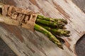 Bunch of asparagus and tomatoes on wooden cutting board Royalty Free Stock Photo