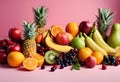 a bunch of assorted fruits in front of a pink background Royalty Free Stock Photo