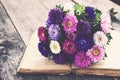 Bunch of autumn asters upon open book, vintage effect Royalty Free Stock Photo