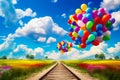 Bunch of balloons floating over train track in the middle of field. Generative AI Royalty Free Stock Photo