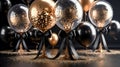 bunch of balloons with gold balls on a black surface. Royalty Free Stock Photo
