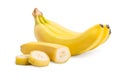 Bunch of banana fruits and cut bananas isolated