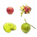 Bunch of bananas,coconut,apple and dragon fruit isolated on whit Royalty Free Stock Photo