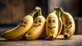 A bunch of bananas with happy faces drawn on them