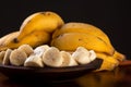 A bunch of bananas and a sliced banana in a bowl on a table Royalty Free Stock Photo