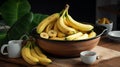 A bunch of bananas and a sliced banana in a pot over a table. generative ai