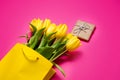 Bunch of beautiful yellow tulips in cool yellow shopping bag and Royalty Free Stock Photo