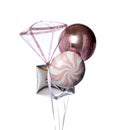 Bunch of big metallic pink candy lollipop, silver present gift box round ball and transparent diamond balloon objects