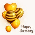 Bunch of birthday yellow balloons with pattern. Flying soap bubbles on the background.