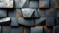 A bunch of black and orange cubes on a wall, grunge dark digital stone wallpaper background. Royalty Free Stock Photo