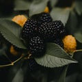 a bunch of blackberries on a branch with leaves