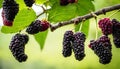 A bunch of blackberries hanging from a tree