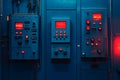 A bunch of blue electrical equipment with red lights on them Royalty Free Stock Photo