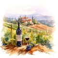 Bunch of blue grapes, red wine bottle and wine glass on landscape with hills and vineyards on Tuscany region, Italy. Watercolor or Royalty Free Stock Photo