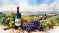 Bunch of blue grapes, red wine bottle and wine glass on landscape with hills and vineyards on Tuscany region, Italy.