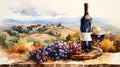 Bunch of blue grapes, red wine bottle and wine glass on landscape Royalty Free Stock Photo