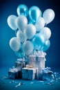 Bunch of blue and white balloons and presents on blue background with blue wall