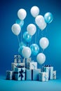 Bunch of blue and white balloons and presents on blue background with blue wall