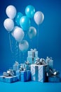 Bunch of blue and white balloons and presents on blue background with blue wall