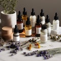 A bunch of bottles of different types of skin care products. AI generative image.