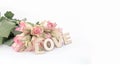 Bunch bouquet of pink roses and wooden LOVE  isolated on white background panorama banner Royalty Free Stock Photo