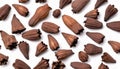 A bunch of brown nuts on a white background