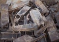 A bunch of burnt-out cast iron parts of the industrial firebox Royalty Free Stock Photo