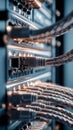 A bunch of cables connected to a server in a server room Royalty Free Stock Photo