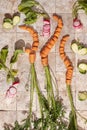 Bunch of carrot roots, Brussels sprouts and ripe radishes with green leaves on stone tales of earth tones top view. . Royalty Free Stock Photo