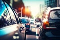 Bunch of cars that are sitting in traffic jam on street. Generative AI Royalty Free Stock Photo