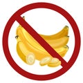 Bunch of cartoon banana in red prohibition sign. Danger of allergies from tropical fruits. Ban food. Vector flat forbidden sign Royalty Free Stock Photo