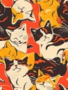 a bunch of cats are laying on top of each other on a red background