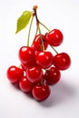 Bunch of cherries with leaf on white background. Generative AI Royalty Free Stock Photo