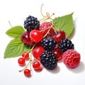 A bunch of cherries and raspberries on a white surface. Generative AI image. Royalty Free Stock Photo