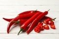 Bunch of chilli peppers on white wooden background close up Royalty Free Stock Photo