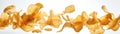 A Bunch Of Chips Flying In The Airon White Background Wde Panoramic. Generative AI Royalty Free Stock Photo