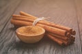 Bunch of cinnamon sticks tied with twine, on Royalty Free Stock Photo