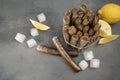 Bunch of clams razor on the gray stone background. Close up of fresh seafood. Royalty Free Stock Photo