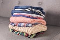 Bunch of different colorful clothing items folded in stack Royalty Free Stock Photo