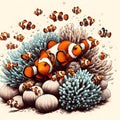 A bunch of clownfish on the corals.