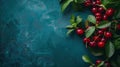 bunch of cluster of fresh ripe cherries with green leaves on textured blue surface Royalty Free Stock Photo