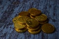 Bunch coins on wood old painting Royalty Free Stock Photo