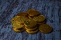 Bunch coins on wood painting