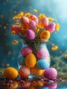A bunch of colored eggs in glasses. Colorful easter eggs and yellow spring flowers in glass vase on blue background Royalty Free Stock Photo