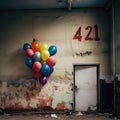 Bunch of colorful balloons in abandoned building, vintage toned image