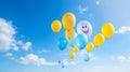 A bunch of colorful balloons floating in a bright blue sky, forming a smiling