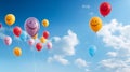 A bunch of colorful balloons floating in a bright blue sky, forming a smiling face